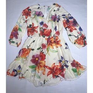 Choies Floral V-Neck Long Sleeve Romper Cream Orange Pom Pom Trim Size M
